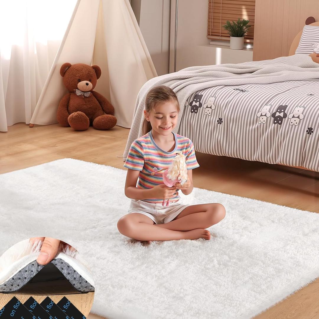 4x6 Cream White Rugs for Bedroom Living Room, Fluffy Small Area Rug Soft Shag Carpet for Kids Boys and Girls Room with 4 Rugs Non-Slip Stickers Dorm Home Decor (4ft x 6ft)