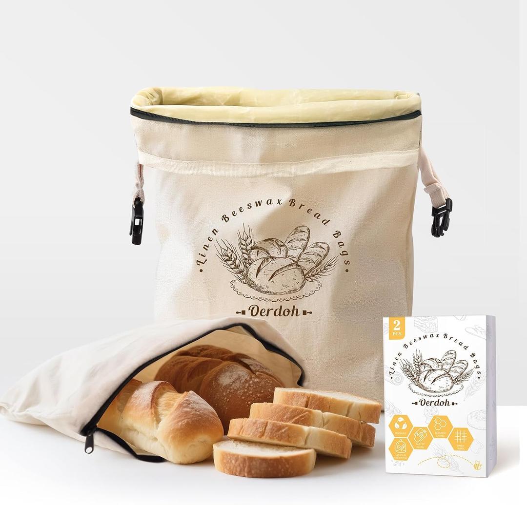 Bread Bags for Homemade Bread - 2 Packs XL Reusable Organic Beeswax Linen Cotton Sourdough Bag, Homesteading Essentials Sourdough Bags with Sealing Zip to Keep Fresh, X-large