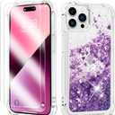 ANSHOW Compatible with iPhone 14 Pro Max Case for Women Girls Liquid Glitter Case,[ with Two Screen Protectors ] Cute Sparkly Clear Shiny Bling Sparkle Phone Cases Clear,Purple