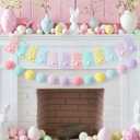 Reallnaive 2 Pcs Pastel Felt Easter Garland for Mantle, 6.6 ft Easter Bunny Banner Decorations Yarn Pom Pom Ball Hanging Banner for Indoor Outdoor Mantle Garden Home Decor