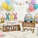 2 Pack Happy Easter Decorations for Home Bunny Truck Easter Decor Rustic Wooden Spring Rabbit Signs Farmhouse Tables Decorations Block Gifts Indoor Tiered Tray Kitchen Shelf Party