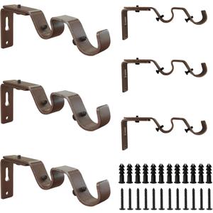 Double Curtain Rod Brackets, Heavy Duty, Bronze, 6 Pcs, Fits 3/4 & 5/8 Inch Rods, Wall Mount
