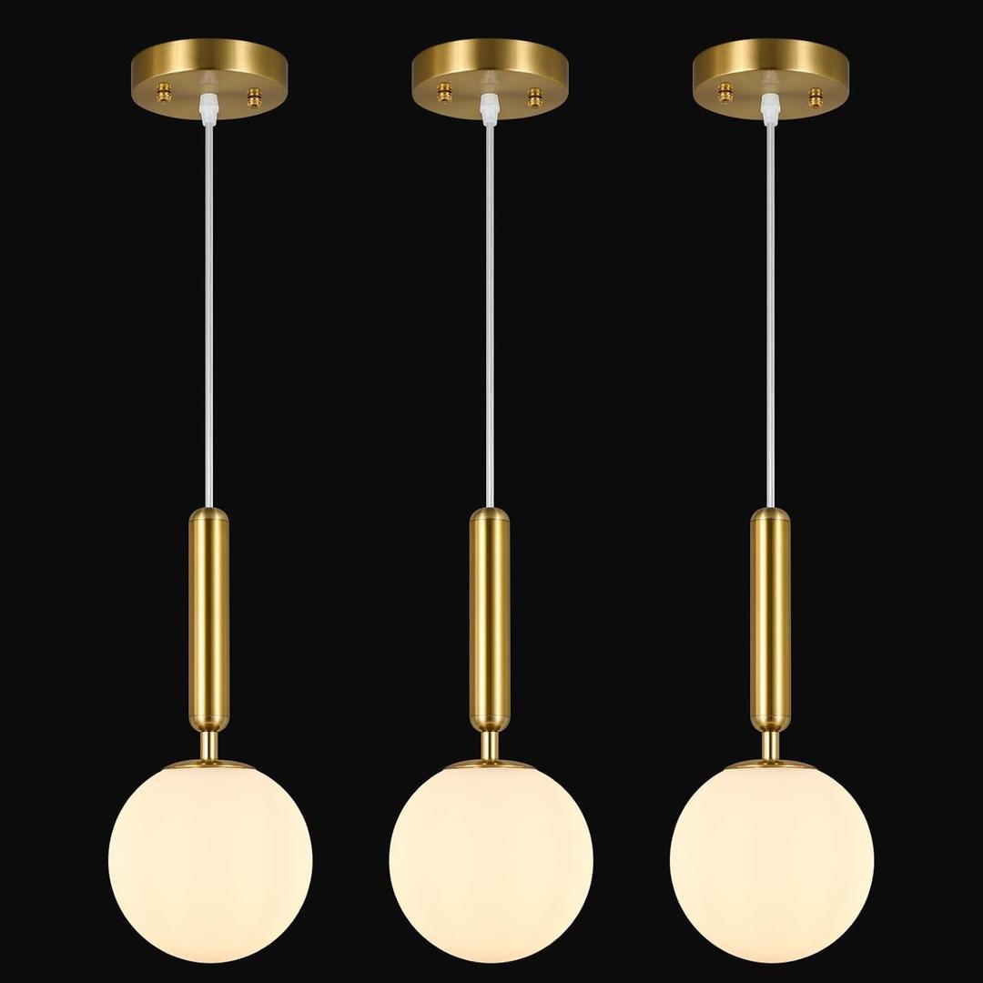 FDPBY Modern Hanging Light Fixture Pendant Lighting for Kitchen Island Mid Century Gold Pendant Lights with Globe Milky White Glass Pendant Light for Bedroom Bathroom Entryway (3 Pack)