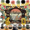 Vintage 47Pcs 60th Birthday Decorations for Men & Women, Pre-Assembled Set. | Back in 1966 Oversized Backdrop, PRE-ASSEMBLED Banner, 6 Hanging Swirls & Cake Topper, 18 Balloons, 6 Centerpieces, 6 Pompoms