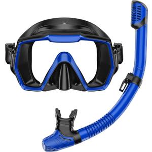 Snorkel Set Adults Snorkeling Gear Anti-Leak and Anti-Fog Tempered Glass Lens Panoramic View Swim Mask Dry Top Snorkel Kit for Snorkeling Scuba Diving Swimming Travel with Carry Bag (Blue+Black)