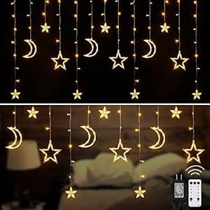 Star Curtain Lights for Bedroom - 12 Stars 138 LED Fairy Twinkle Lights with 8 Lighting Modes Connectable Window Lights Waterproof Ramadan Decoration (Moon and Star)
