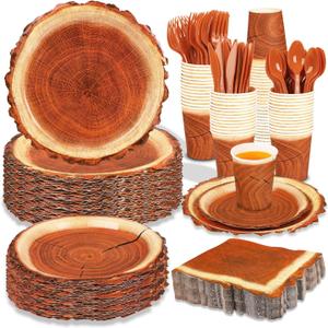 200 Pieces Camping Wood Grain Slice Party Supplies Set Paper Plate Cup Napkin for Camping Woodland Baby Shower Lumberjack Birthday Featuring a Round Wooden Slice Die Cut Edge Design Serve 25
