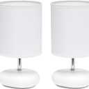Simple Designs LT1153-WHT-2PK Petite Circle Stone Table Lamp 2 Pack Set for Bedroom, Kids Room, Office, Living Room, Nursery, Reading Nook, White