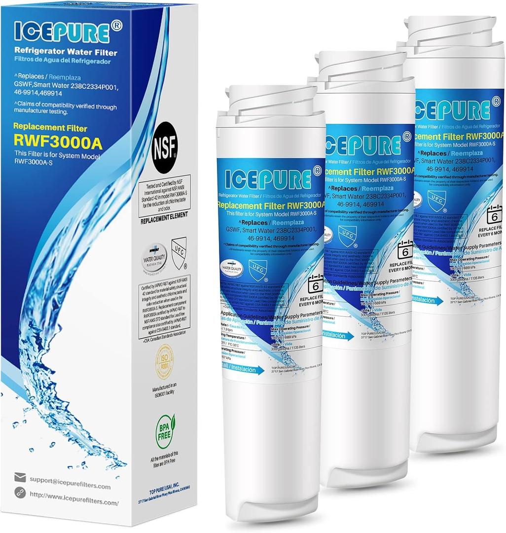 ICEPURE RWF3000A Refrigerator Water Filter Compatible with GE GSWF, Smart Water 238C2334P001, Kenmore 46-9914, 469914, 9914, Remove Chlorine, Odors and Smells, 3 PACK