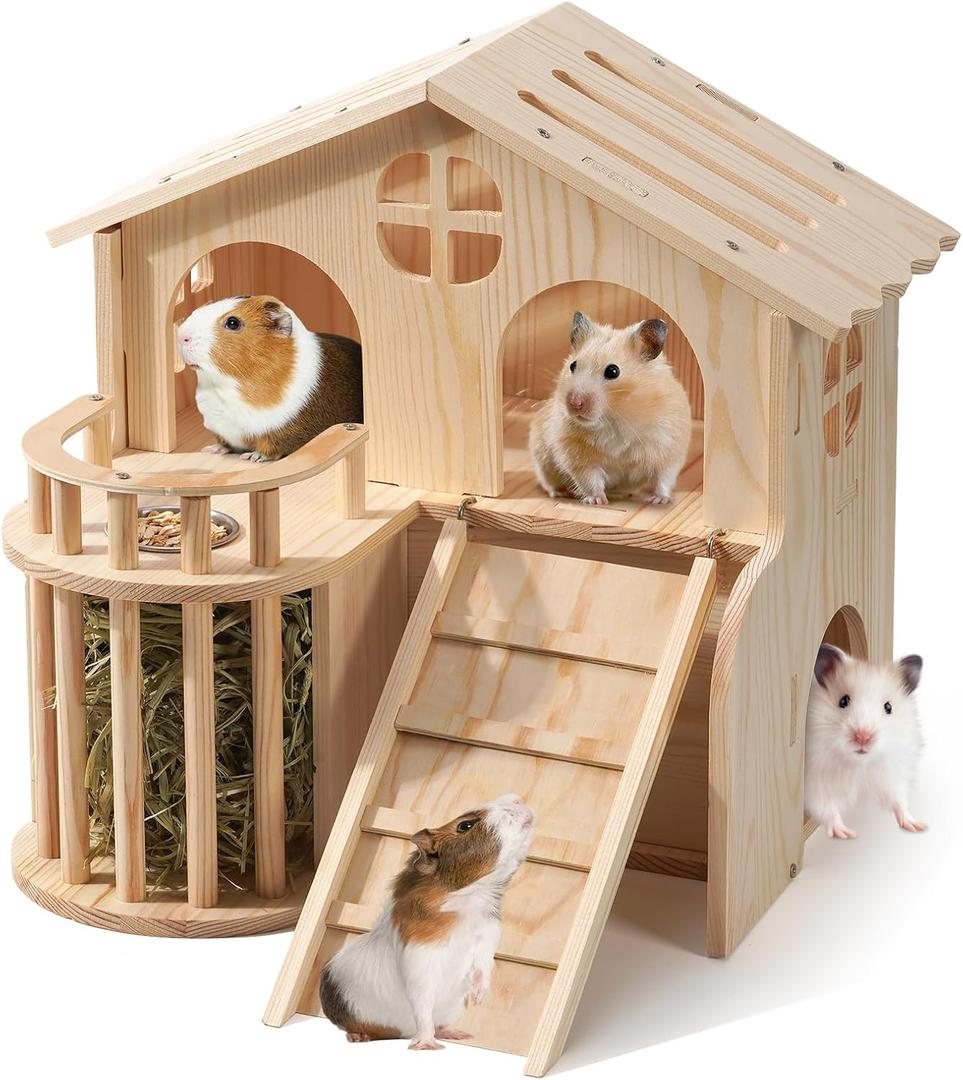 Guinea Pig Hideout, Wooden 2-Tier Guinea Piggy Castle House Habitat Accessories with Removable Ladder Food Bowl & Hay Rack Easy to Assemble for Small Animal Hamsters Syrian Hamsters Gerbils Rats