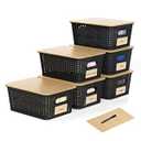 Wrrlors 6 Pieces Black Plastic Storage Baskets with Bamboo Lids with Labels Stackable Storage Containers for Organizing Shelves Drawers Desktop Closets Playroom Classroom Office