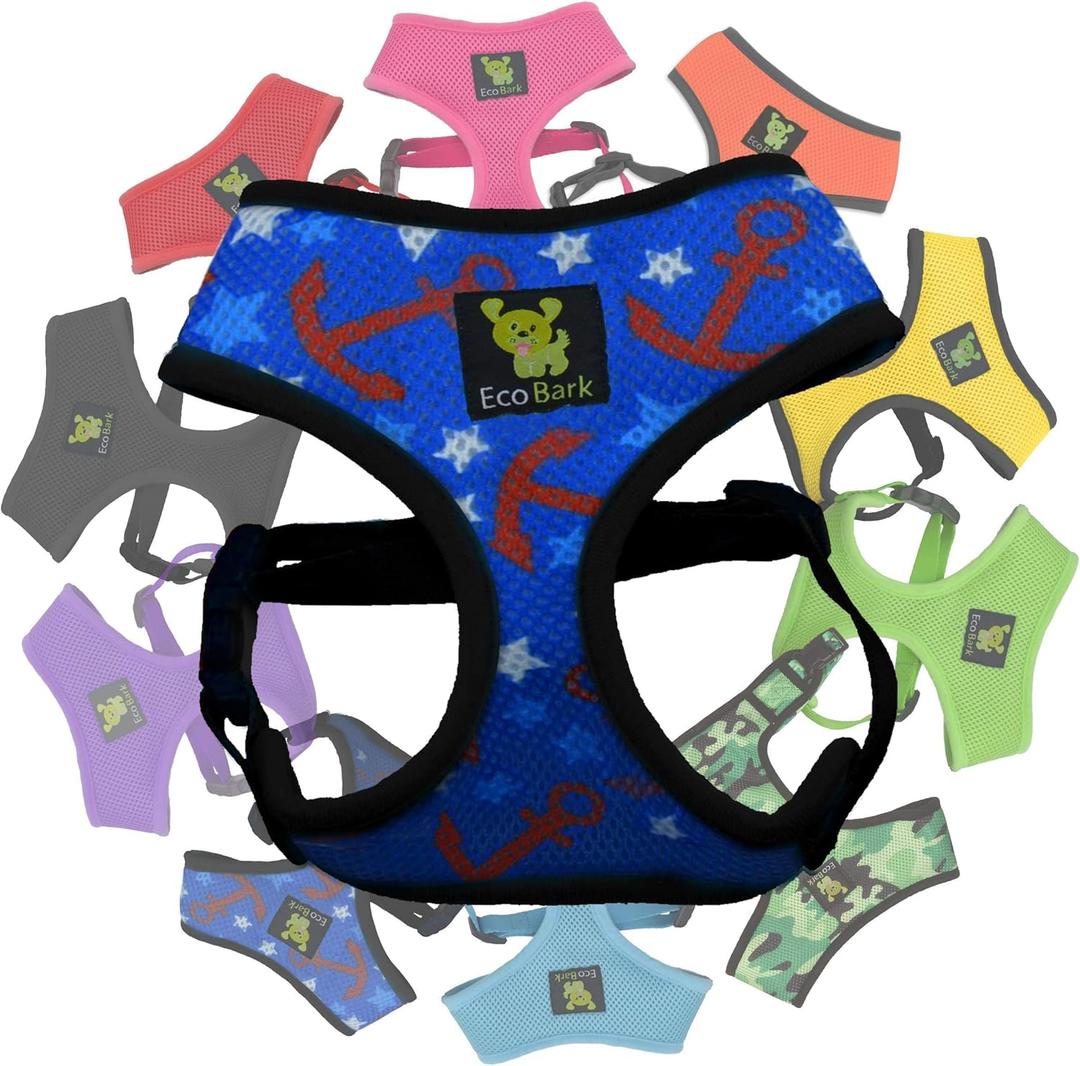 EcoBark Dog Harness - Eco-Friendly Max Comfort Harnesses - Luxurious Soft Mesh Halter - Over The Head Harness Vest- No Pull and No Choke for Puppy, Toy Breeds & Small Dogs (Medium, Nautical)