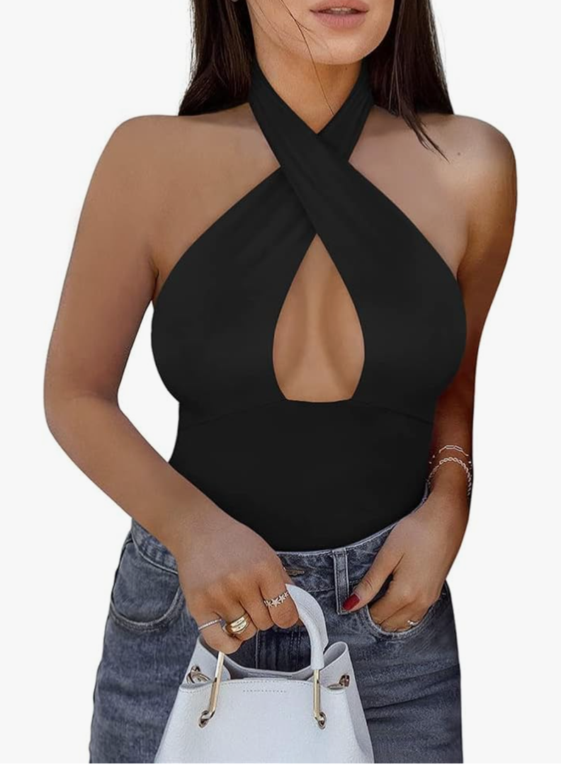 REORIA Butsmooth® Women's Trendy Sexy Casual V Neck Double Lined Sleeveless Slimming Going Out Tank Top Bodysuits, Black, S