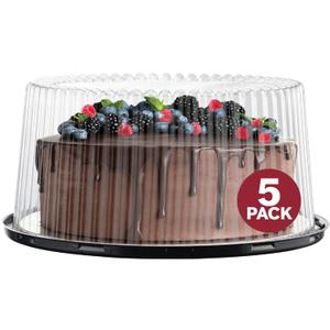 10 - 11" Plastic Disposable Cake Containers Carriers With Dome Lids And Cake Boards [5 Pack] And Cake Server | Round Bundt Cake Boxes / Cover | 2-3 Layer Cake Holder Display Containers For Transport