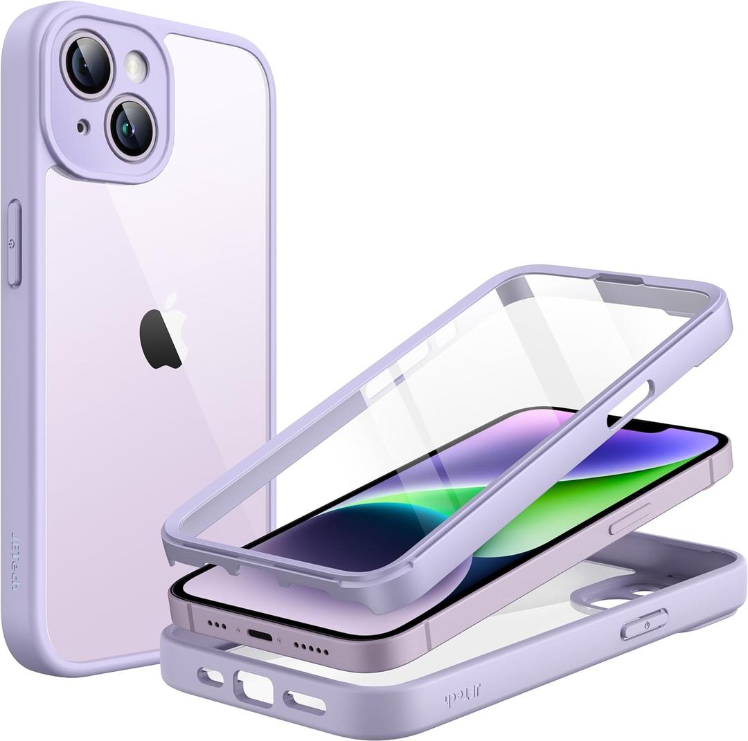 JETech Case for iPhone 14 6.1-Inch with Built-in Tempered Glass Screen Protector, Camera Full Cover All-Around Protection, Shockproof Bumper Phone Cover Clear Back, HD Film (Light Purple)