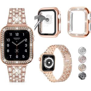 JOHIPI 3 Pack Compatible With Apple Watch Band 38mm 40mm 42mm 44mm + Case, Women Jewelry Bling Diamond Metal Strap with Diamond Case and Glass Screen Protector Case For iWatch Series SE 6 5 4 3 2 1