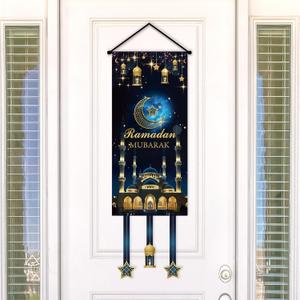 Ramadan Mubarak Banner Blue Ramadan Door Decorations Hanging Welcome Banner Sign for Holiday Party Supplies Home Office Decor