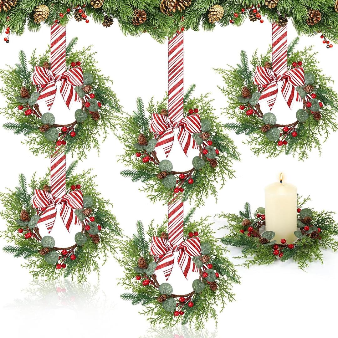 6 Pcs Christmas Mini Wreaths for Cabinets Bulk 7.87 Small Xmas Wreath for Kitchen Candle Ring with Glitter Red White Candy Cane Ribbon Bow Pine Berries Christmas Decor for Home Window Door