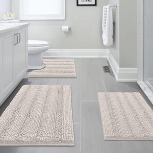 H.VERSAILTEX 3 Piece Thick Striped Bath Rugs Set for Bathroom Non Slip Soft Absorbent Bath Mat for Tub, Shower and Toilet(17''x24''+20''x32''+20''x24'' U-Shaped, Ivory)