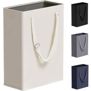 TECHMILLY Slim Laundry Hamper with Adjustable Long Handles, 45L Small Laundry Baskets with Mesh Top, Narrow Dirty Clothes Hamper for Bedroom, Closet, and Bathroom - Beige