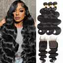 12A Body Wave Bundles Human Hair with Closure(16 18 20+5x5 Lace Closure 14Inch) 100% Brazilian Weave Bundles Human Hair Extensions Natural Color