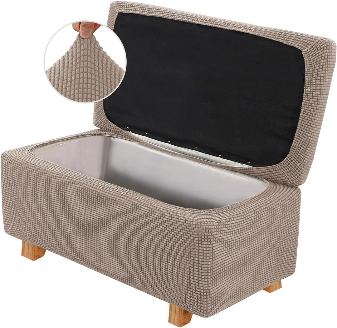 2-Piece Stretch Ottoman Covers Rectangle Slipcovers for Folding Storage Stools, Non-Slip Elastic Bottom, Soft Fabric Furniture Protectors (Khaki, Large)