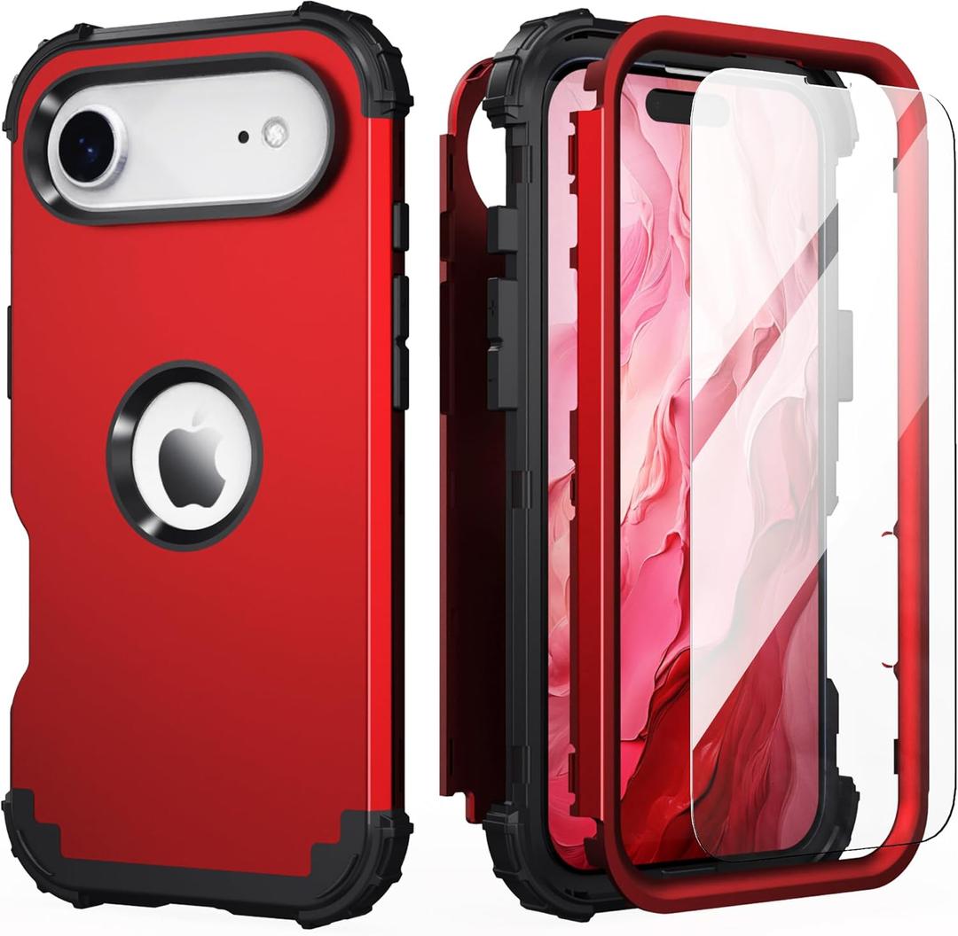 IDweel for iPhone Air Case with Screen Protector, for iPhone 17 Air Case 3 in 1 Shockproof Slim Fit Hybrid Heavy Duty Hard PC Cover Soft Silicone Bumper Full Body Anti-Fingerprint Case, Red