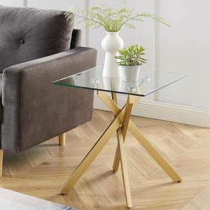 Modern Style Square Side Table with Tempered Glass Top and Metal Tubular Legs, Gold 20Dx20Wx22H