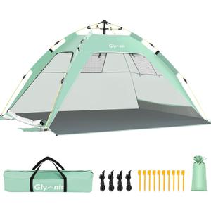Glymnis Pop Up Beach Tent Sun Shade Shelter for 3-4 Person with UPF 50+, Lightweight & Easy Setup, Vent Windows & Zippered Door, Extended Floor Family Instant Beach Tent, 84.6 x 66.9 x 45.2"