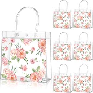 Aliceset 20 Pcs Mother's Day Clear Floral Gift Bags with Handles Flower Rose Party Goodie PVC Treat Bags for Tea Party Baby Shower Birthday Bridal Shower, 8 x 8 x 3.15 Inch