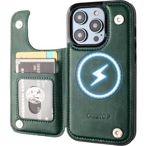 ONETOP Compatible with Magsafe for iPhone 14 Pro Wallet Case with Card Holder, PU Leather Kickstand RFID Blocking Case, Double Magnetic Clasp and Durable Shockproof Cover 6.1 Inch (Green)