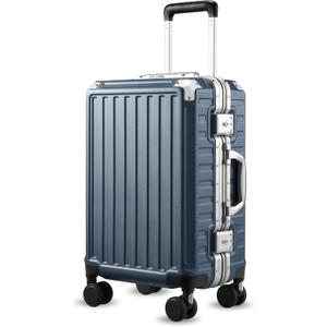 Carry On Luggage with Spinner Wheels, 8010S Aluminum Frame Zipperless Polycarbonate Hard Shell Suitcase (ZX-Core, Blue, 20 Inch)