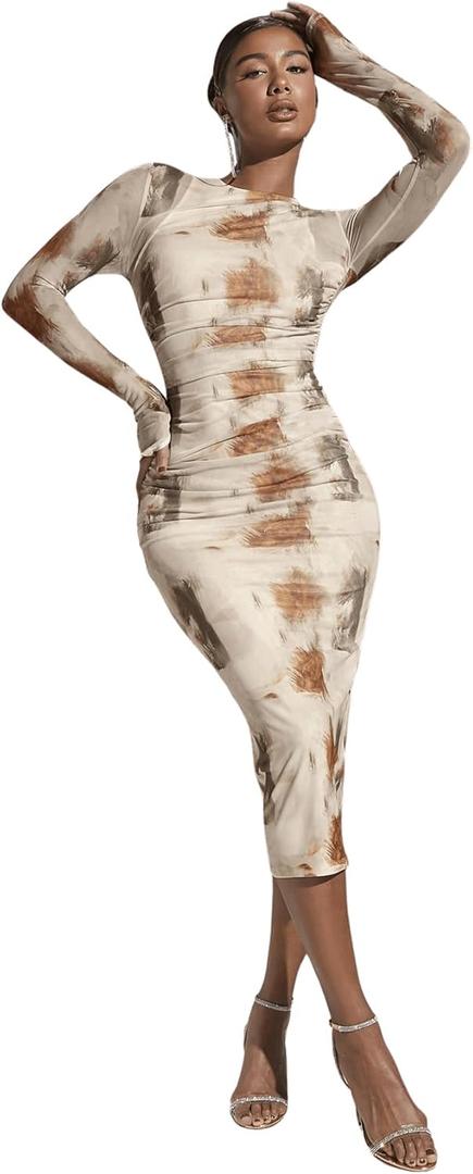 GORGLITTER Women's Mesh Long Sleeve Bodycon Midi Dress Sheer Ruched Tie Dye Crew Neck Dresses (Small, Brown)