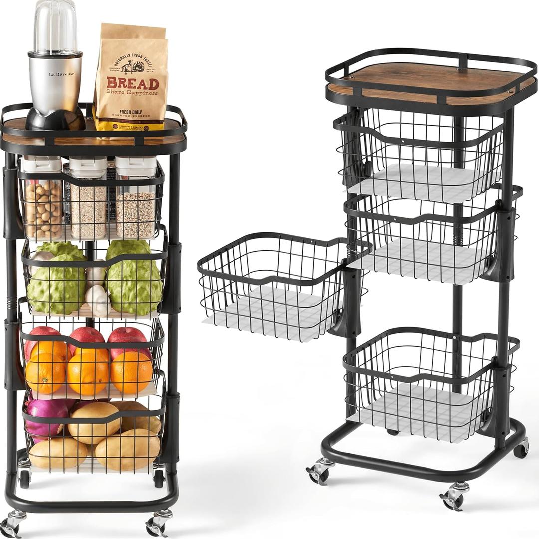 4 Tier Kitchen Fruit Vegetable Storage Cart with One-Piece Rotating Basket, Pantry Organizer Shelf Rack Floor Stand for Veggie Onion Potato Produce Spice, Rolling Snack Cart on Wheels, Black