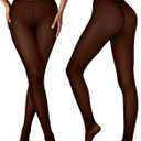 Vertvie Fleece Lined Tights Women Crotch One Seam Line Warm Sheer Pantyhose Fake Translucent Thermal Thick Tights Leggings (Small-Medium)