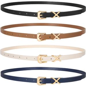 2 x JASGOOD Women Skinny Leather Belt for Pants Jeans Ladies Thin Waist Belt for Dress (Suit for waist size 37"-41", B-black+brown+beige+navy Blue)