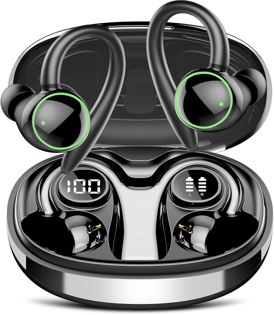Pefupew Wireless Earbuds, Bluetooth 5.3 Headphones Sport, Over Ear Buds With ENC Noise Cancelling Mic, 48H, Wireless Earphone With Earhooks, Stereo Deep Bass, IP7 Waterproof Headset for Workout Running, Black