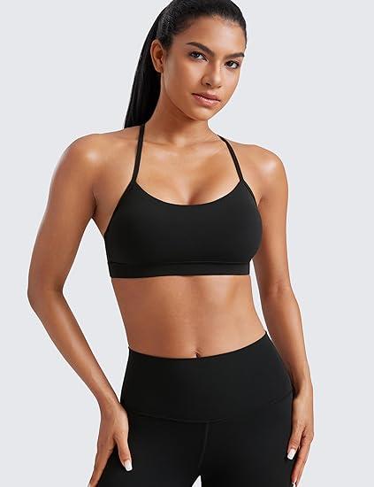 CRZ YOGA Butterluxe Y Back Sports Bras for Women - Padded Racerback Low Impact Spaghetti Thin Strap Workout Yoga Top, Black Medium 