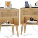Irontar 17.7''L Nightstand Set of 2, Bedroom Night Stand with Charging Station & Rattan Drawer, Boho Style Bed Side Tables with Solid Legs, Accent End Table with Open Storage, Natural BZZ007ME02