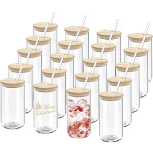 20 Pack Drinking Glass Cups with Bamboo Lids and Glass Straws 16oz Iced Coffee Cups Clear Glass Tumblers Can Shaped Drinking Beer Glasses Cute Cups for Tea, Smoothie, Whiskey, Soda, Gift
