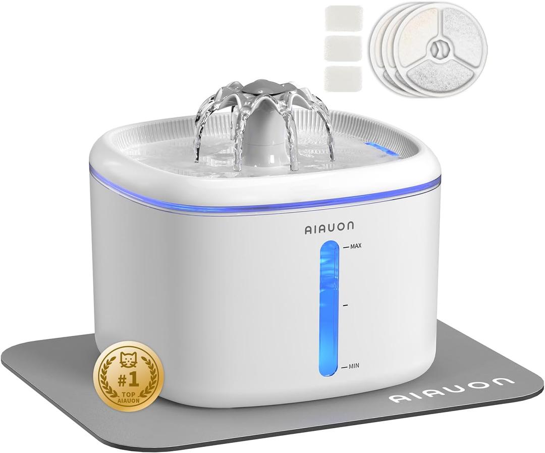 Cat Water Fountain,2.5L/84oz Pet Water Fountain for Cats Inside, Cat Fountain for Drinking with Ultra Quiet Pump(≤20dB)& LED Blue Light - for Pets Small Animals