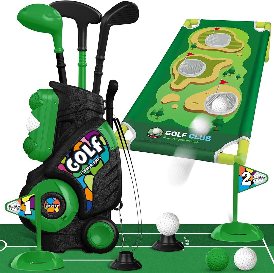 Liberry Toddler Golf Set for Ages 2 3 4 Boys Girls, Kids Golf Cart with Putting Mat & Cornhole Board, Outdoor Indoor Sports Toys Birthday Gifts, Black, Medium