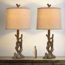 OYEARS 23" Rustic Farmhouse Table Lamp Country Cottage Lamps for Nightstand Tree Trunk Wood Grain Lamp for Bedroom Living Room with Oatmeal Fabric Round Shade Resin Bedside Lamp (Twig Dark Brown)