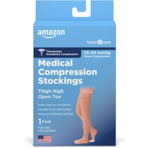 Amazon Basic Care Medical Compression Stockings, 20-30 mmHg Support, Women & Men Thigh Length Hose, Open Toe, Beige (Large)