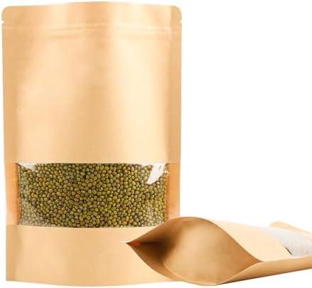 Songio packing 100PCS Resealable Bags for Food Storage, Self Stand Treat Bag Reusable for Candy, Cookie, Kraft Paper Bags with Window, Heat Seal Paper Bags for Small Business(7.1" X 11")