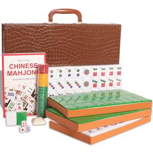 Chinese Mahjong Set, Mahjong Game Set with 146 Numbered Large Tiles (1.5", Green), Mahjong Tiles Set with Brown Carrying Case