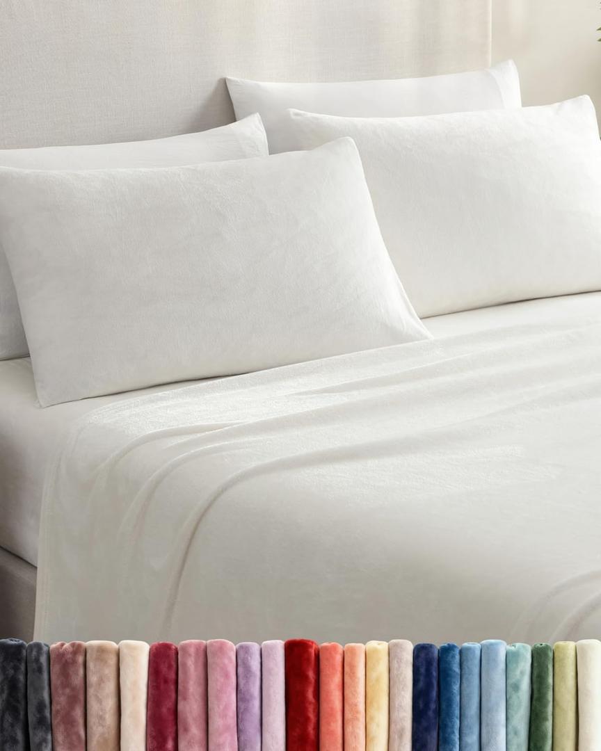 Fleece Sheets Full Size Set - 4-Piece Velvet Flannel Sheet Set - Super Soft Fleece Bedding - 1 Flat & 1 Fitted and 2 Pillowcases - Cozy Warm, Comfy & Plush - Deep Pockets, Fuzzy & Anti-Static - Ivory