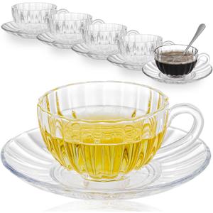 Glass Tea Cups and Saucers Set of 6, Clear Coffee Mugs with Stainless Steel Spoon, Dishwasher & Microwave Safe Teacups for Espresso Cappuccino Latte Tea Juice, 6OZ/180ML