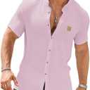 Men's Casual Sporty Short-Sleeve Button-Down Shirt for Summer Beach Fashion (Large, Pink)