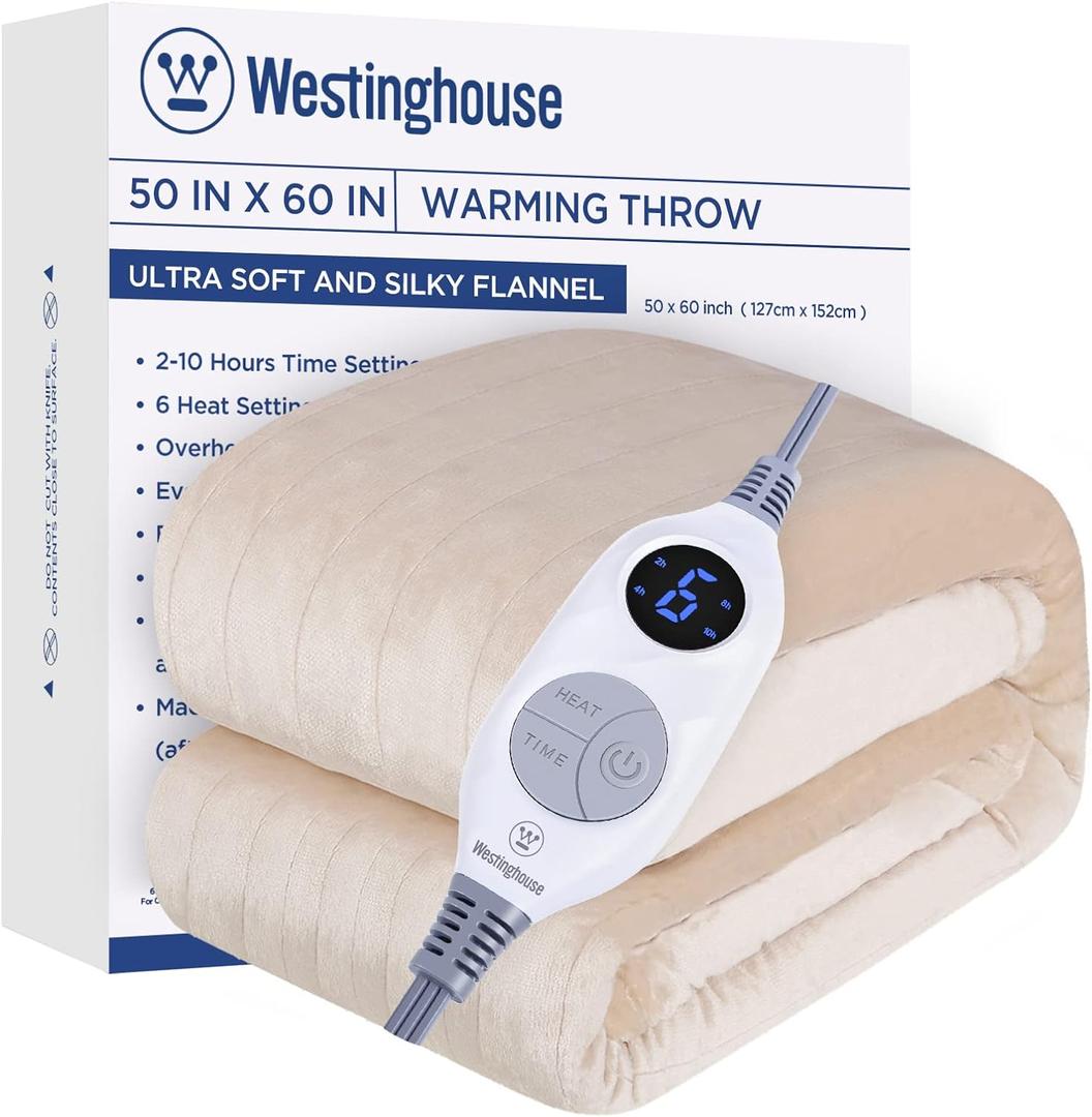 Westinghouse Electric Blanket Heated Throw, Super Cozy Soft Flannel 50"" x 60"" Heated Throw with 6 Fast Heating Levels & 2-10 Auto-Off, Machine Washable, ETL&FCC Certification, Home Office Use, Beige